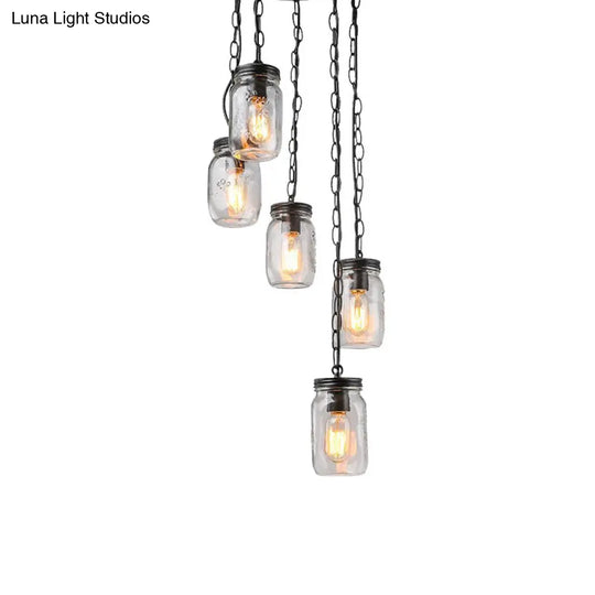 Modern Black 5-Light Cluster Pendant With Clear Glass Jar Shades - Hanging Light Fixture Cord/Chain