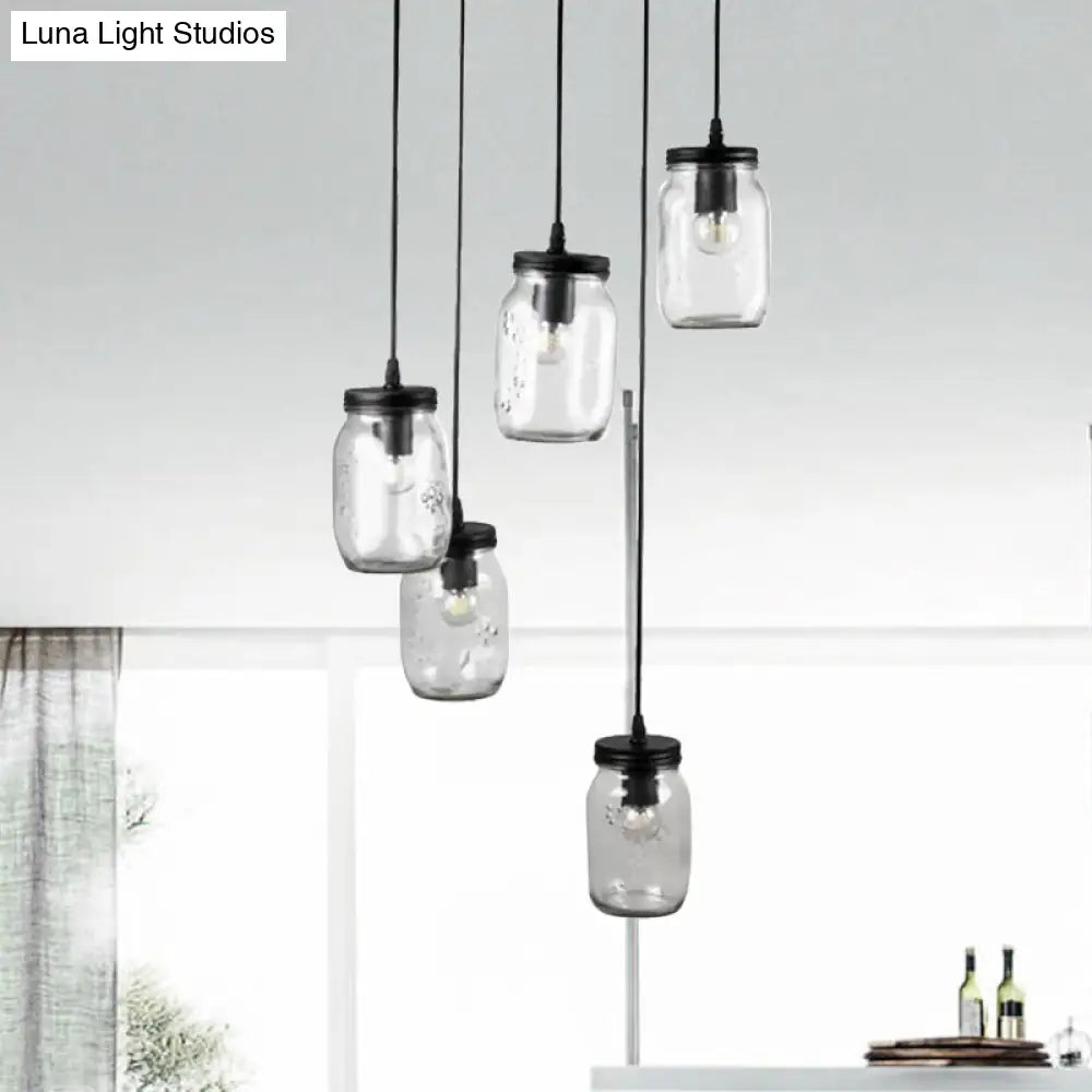 Modern Black 5-Light Cluster Pendant With Clear Glass Jar Shades - Hanging Light Fixture Cord/Chain