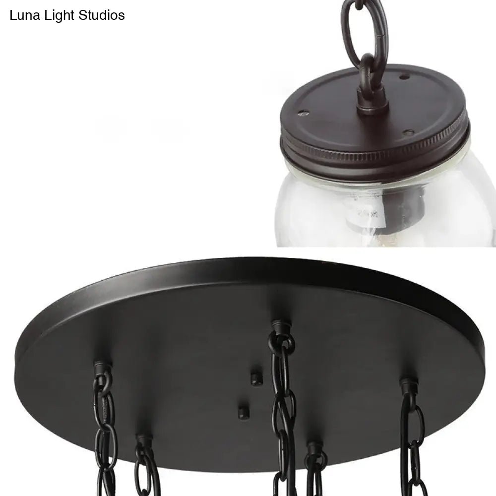 Modern Black 5-Light Cluster Pendant With Clear Glass Jar Shades - Hanging Light Fixture Cord/Chain