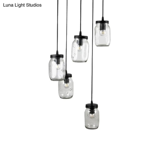 Modern Black 5-Light Cluster Pendant With Clear Glass Jar Shades - Hanging Light Fixture Cord/Chain