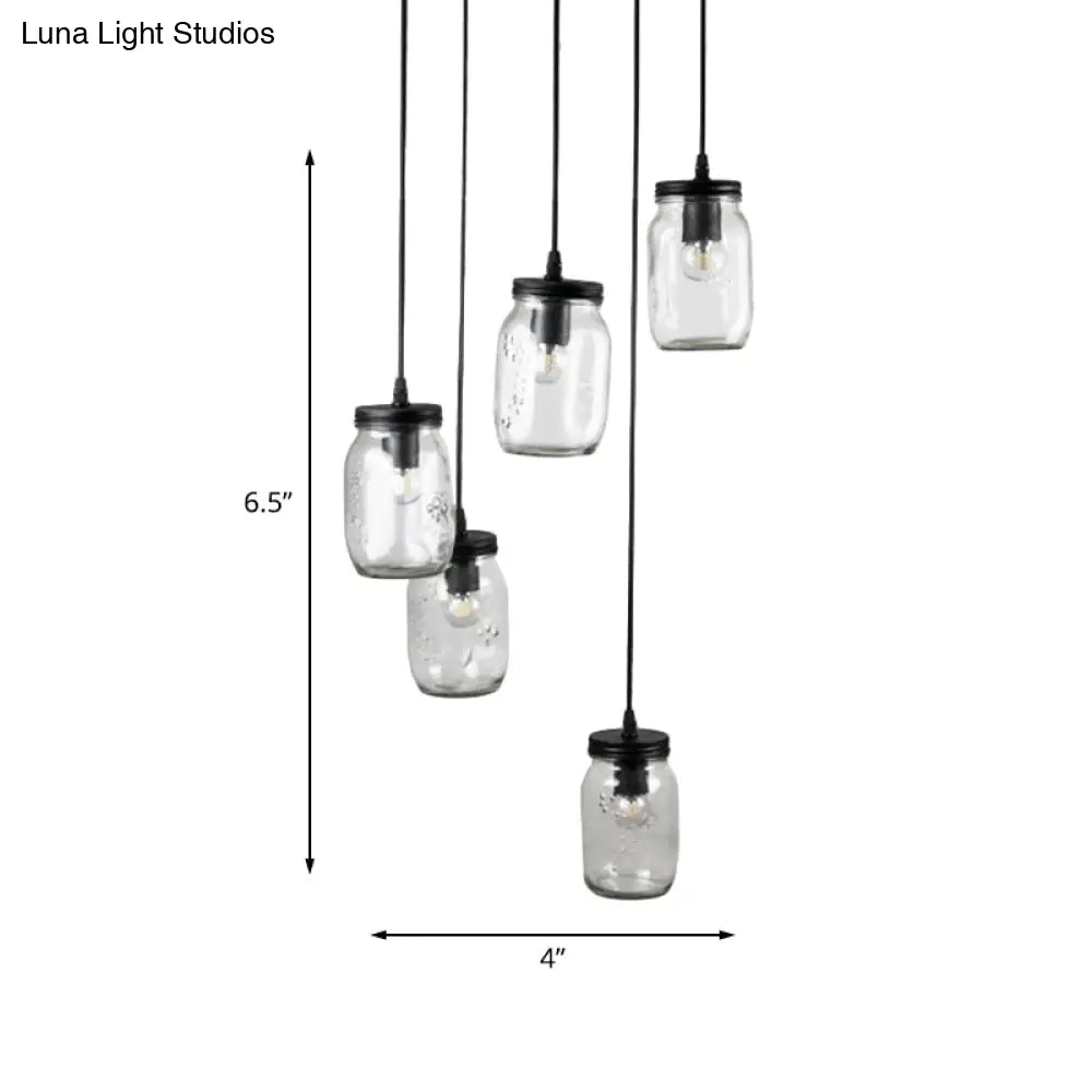 Modern Black 5-Light Cluster Pendant With Clear Glass Jar Shades - Hanging Light Fixture Cord/Chain