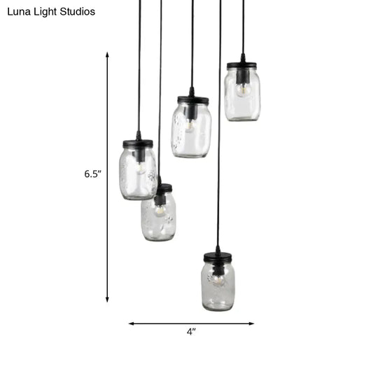 Modern Black 5-Light Cluster Pendant With Clear Glass Jar Shades - Hanging Light Fixture Cord/Chain