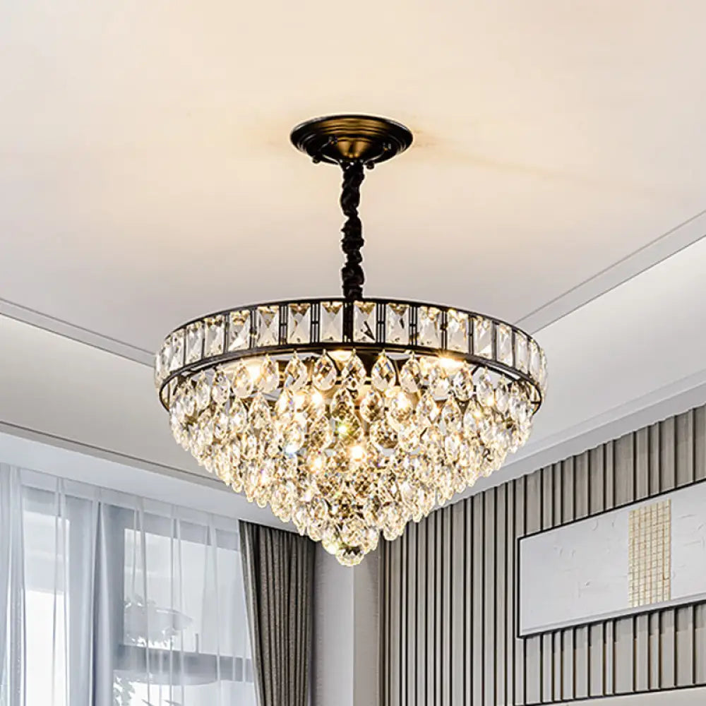 Modern Black 6-Head Bedroom Ceiling Chandelier With Crystal Drip Shades