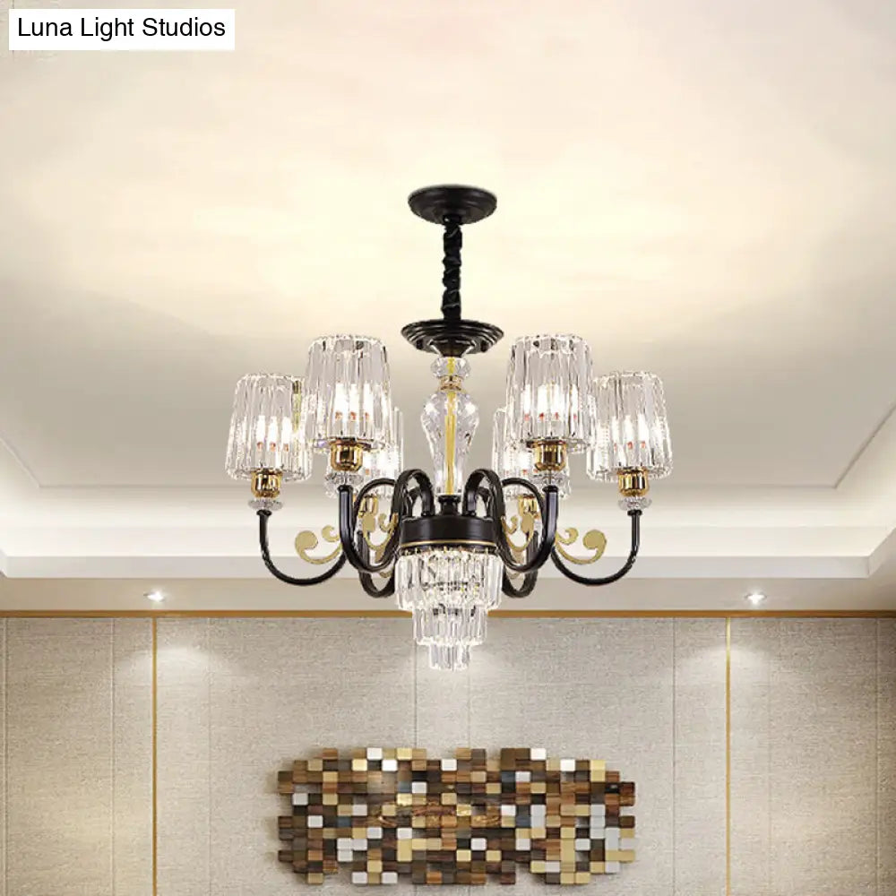 Modern Black Chandelier Light With 6 Metal Curvy Arms And Clear Cylinder Shades