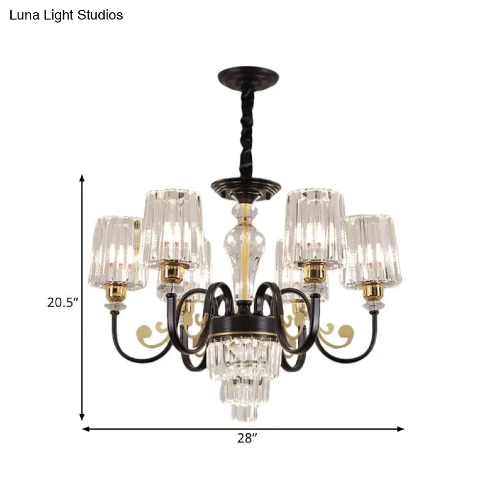 Modern Black Chandelier Light With 6 Metal Curvy Arms And Clear Cylinder Shades