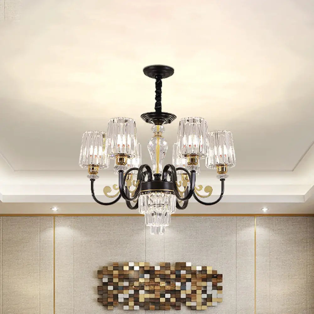 Modern Black 6-Head Chandelier With Clear Cylinder Shade - Sleek Metal Curvy Arms Hanging Light