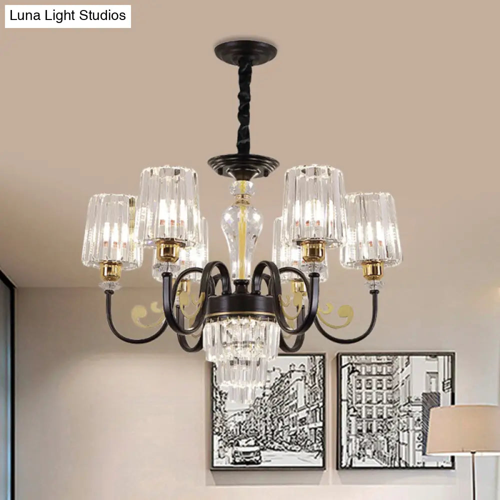 Modern Black 6-Head Chandelier With Clear Cylinder Shade - Sleek Metal Curvy Arms Hanging Light