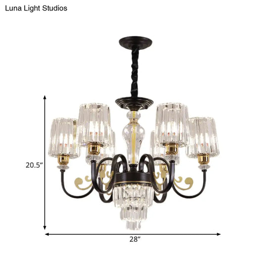 Modern Black 6-Head Chandelier With Clear Cylinder Shade - Sleek Metal Curvy Arms Hanging Light