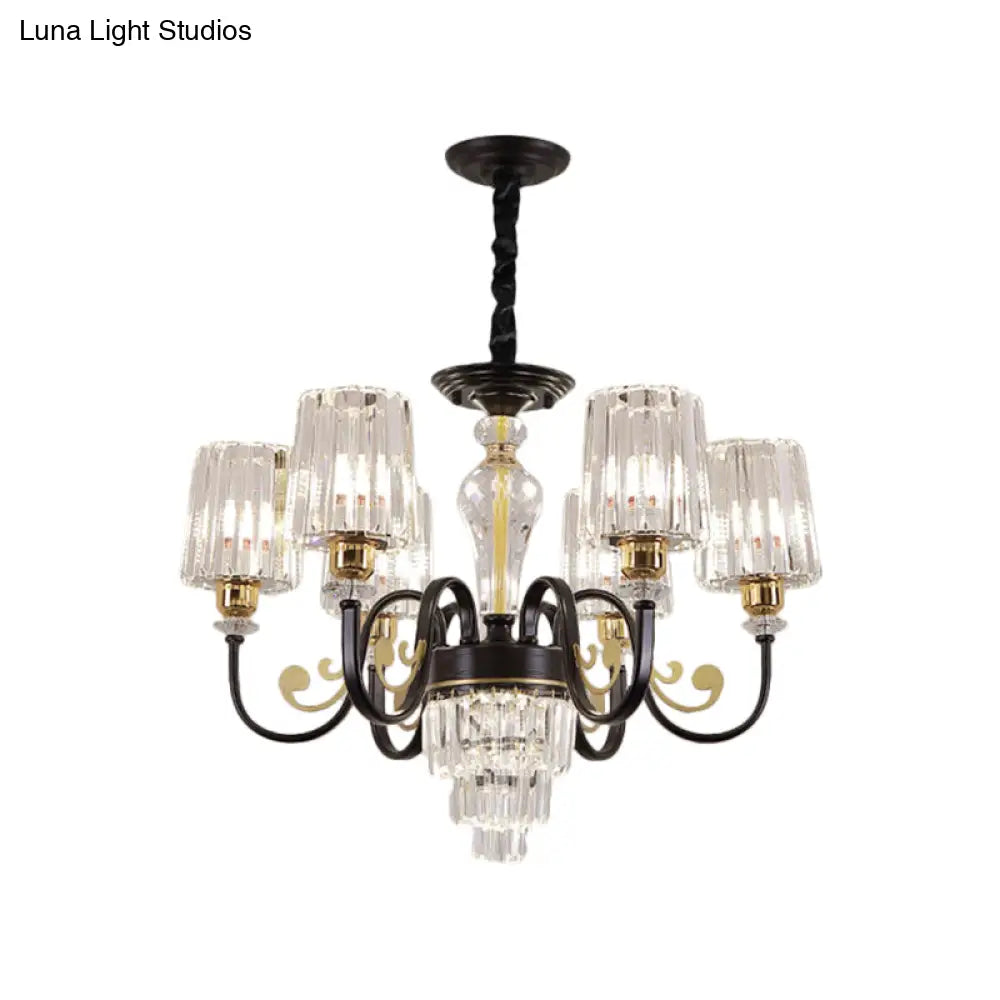 Modern Black 6-Head Chandelier With Clear Cylinder Shade - Sleek Metal Curvy Arms Hanging Light