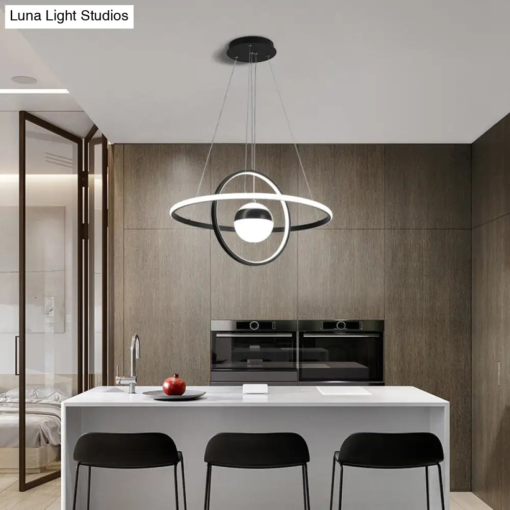 Minimalistic Black Acrylic Chandelier Pendant Light - Ball And Ring Shaped Over Table