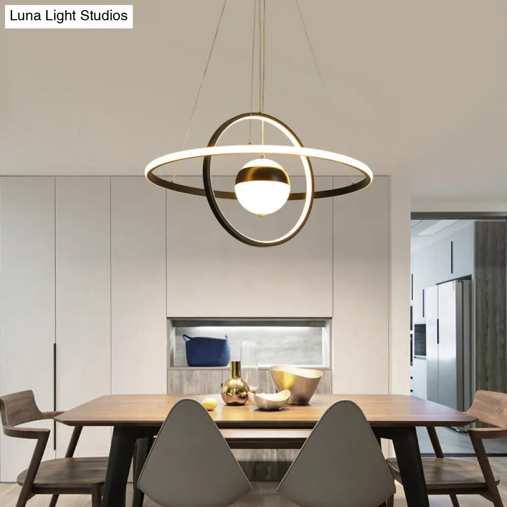 Minimalistic Black Acrylic Chandelier Pendant Light - Ball And Ring Shaped Over Table / Remote