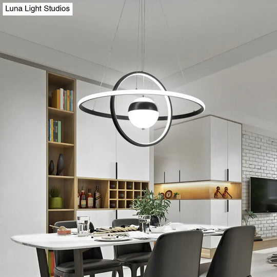 Minimalistic Black Acrylic Chandelier Pendant Light - Ball And Ring Shaped Over Table