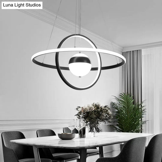 Minimalistic Black Acrylic Chandelier Pendant Light - Ball And Ring Shaped Over Table / White