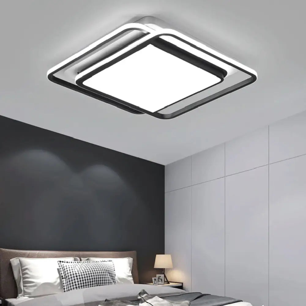 Modern Black Aluminum Led Bedroom Flushmount Ceiling Light - Square Shape / 16.5’