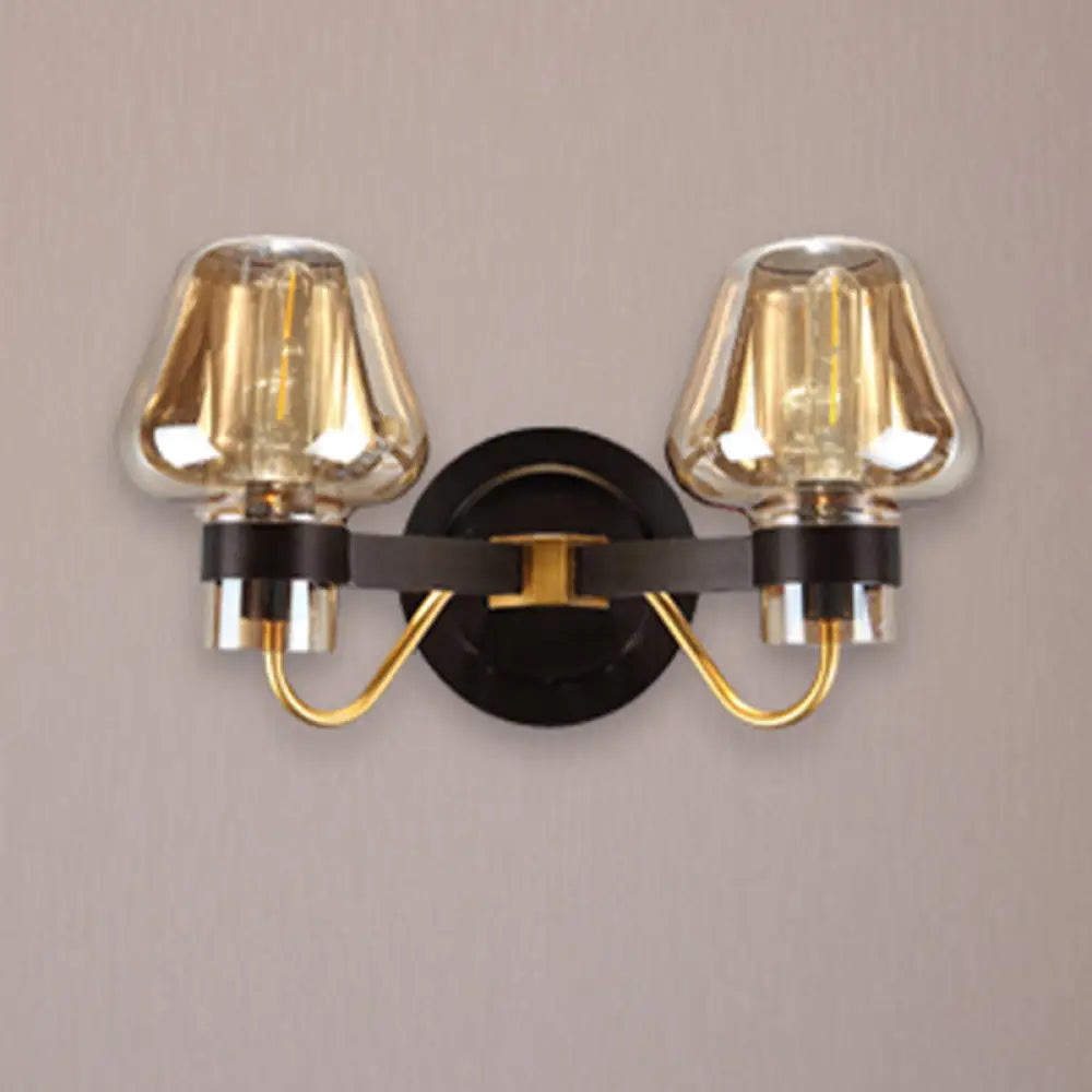 Modern Black Amber Glass Wall Lamp - 2-Light Mushroom Sconce Light Fixture For Living Room