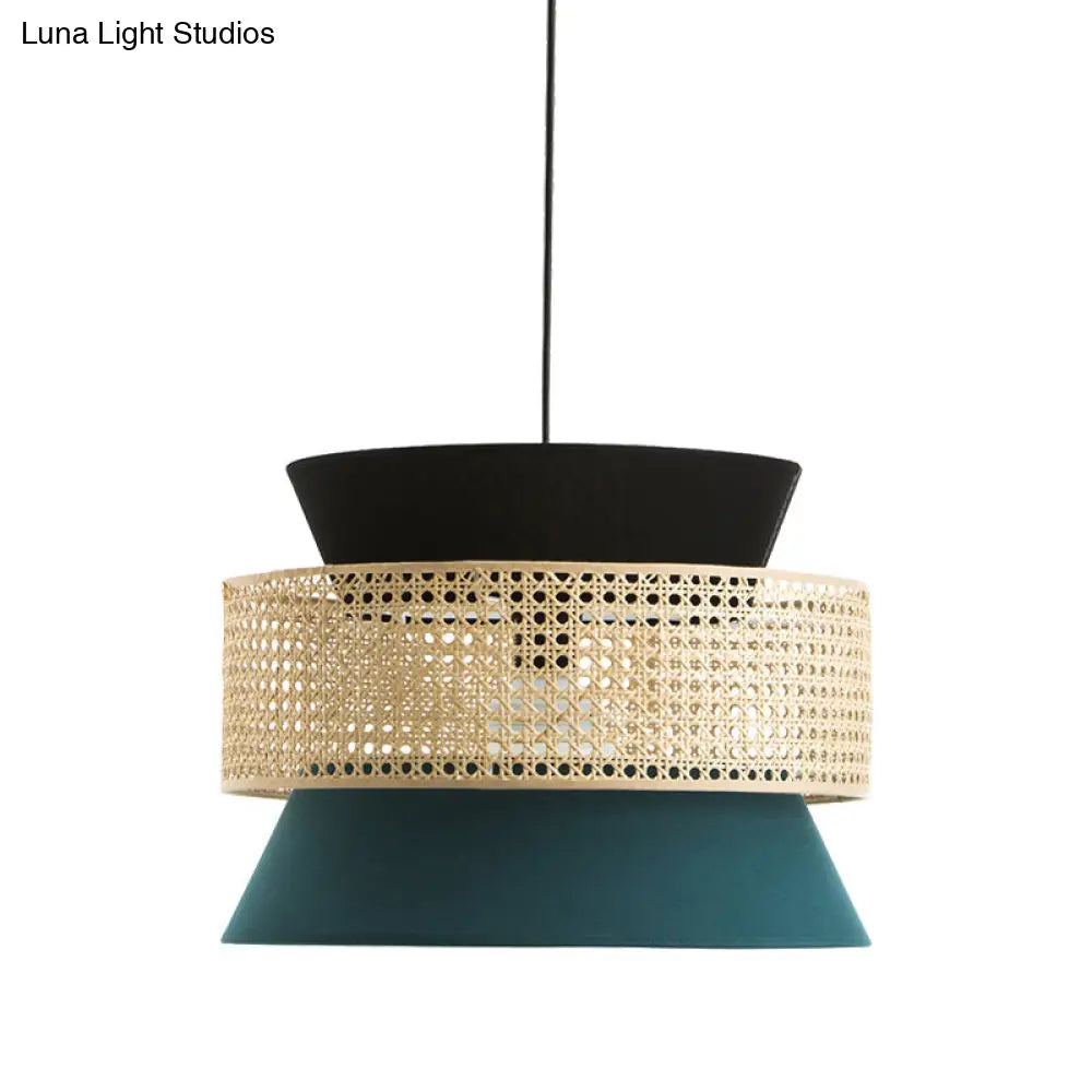 Modern Black And Blue Hourglass Pendant Light With Rattan Detail For Restaurant Ceilings