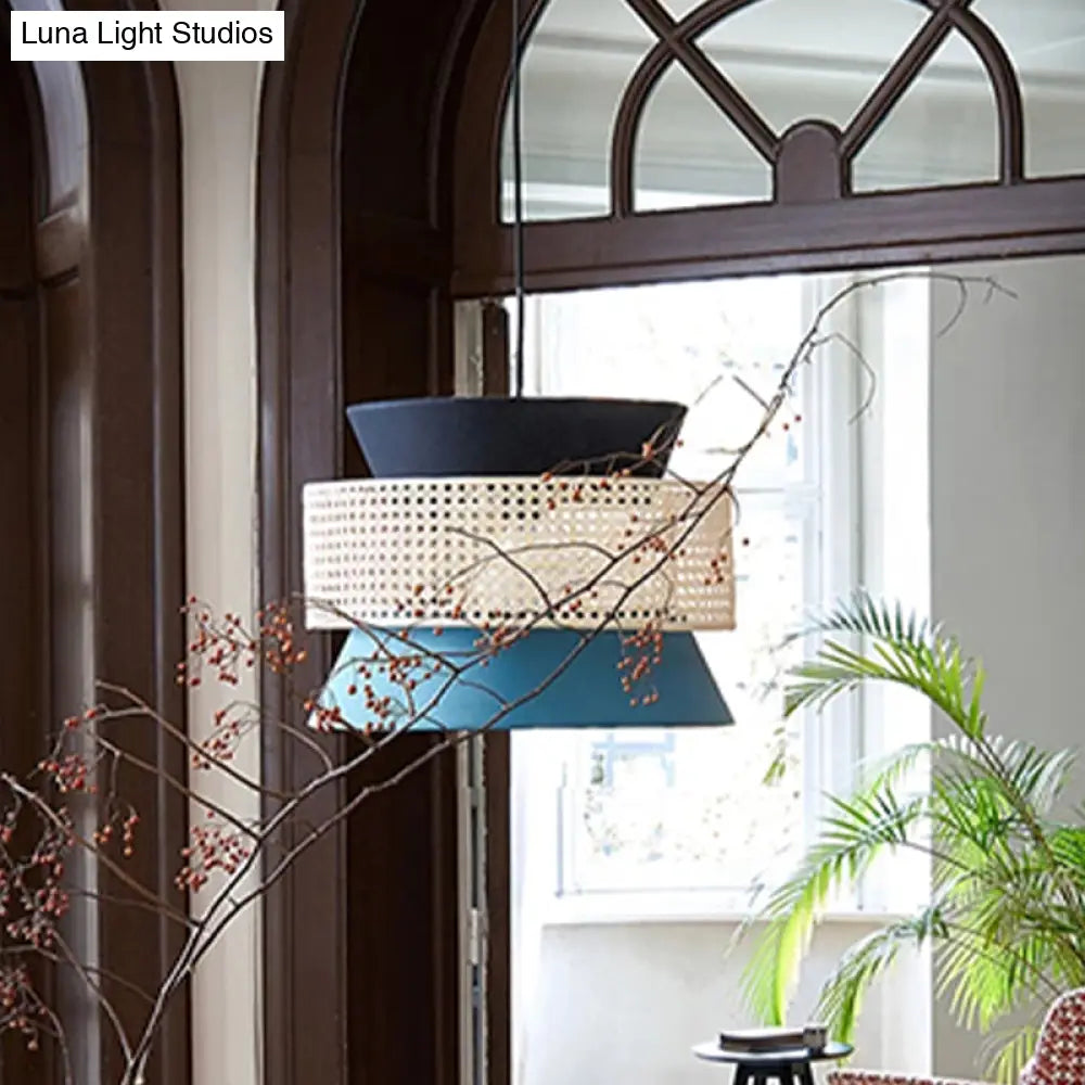 Modern Black And Blue Hourglass Pendant Light With Rattan Detail For Restaurant Ceilings