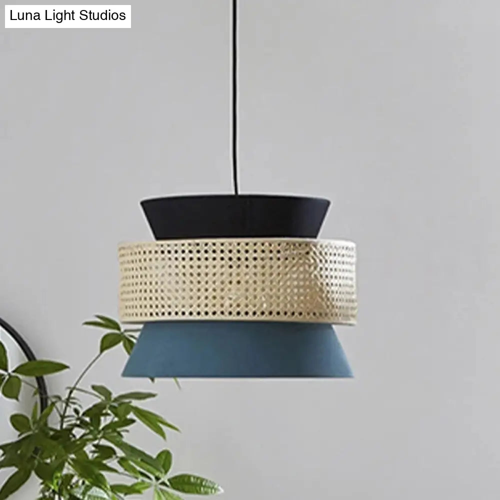 Modern Hourglass Restaurant Ceiling Pendant Light - 1 Black And Blue With Rattan Decor