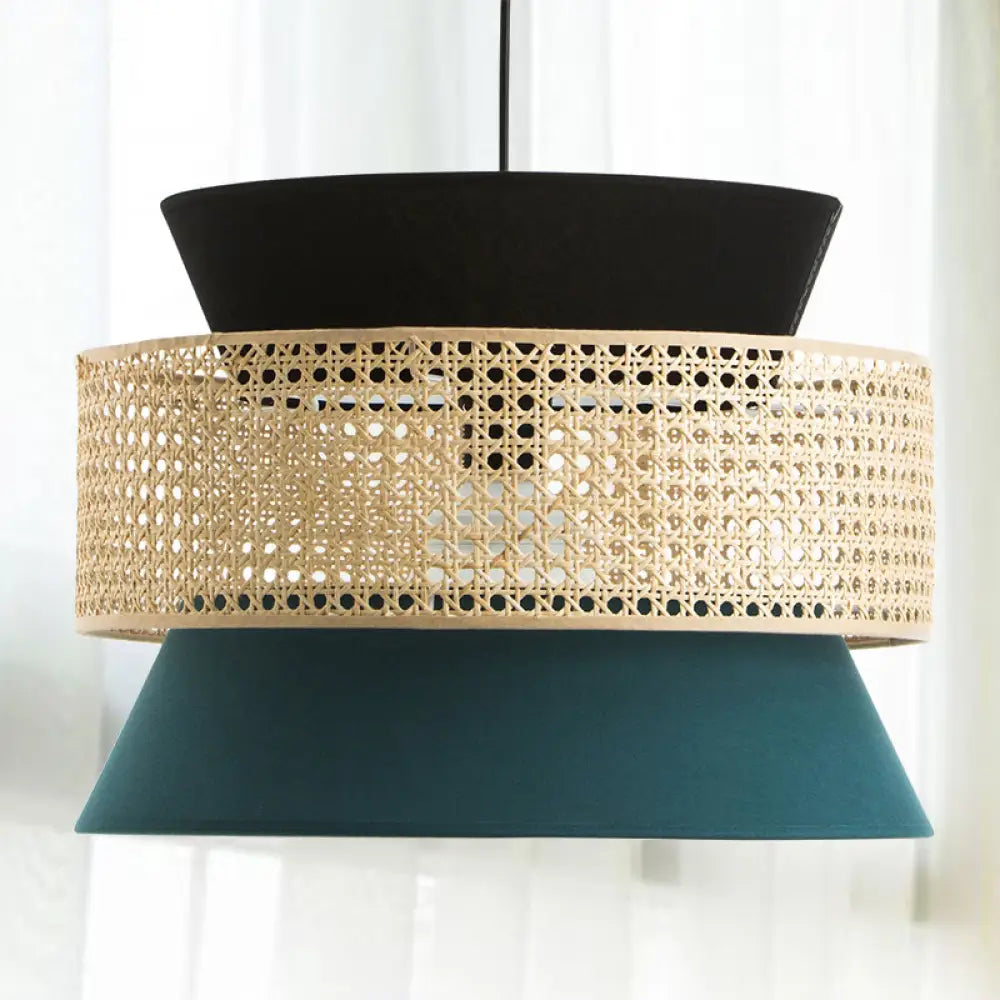 Modern Black And Blue Hourglass Pendant Light With Rattan Detail For Restaurant Ceilings Black-Blue