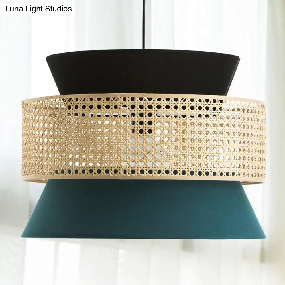 Modern Hourglass Restaurant Ceiling Pendant Light - 1 Black And Blue With Rattan Decor Black-Blue