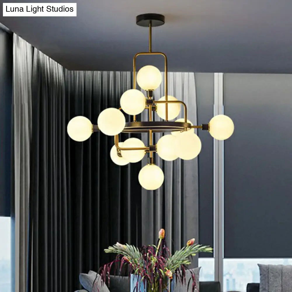 Modern Glass 3D Atomic Chandelier: 12-Bulb Black And Brass Suspension Light Fixture