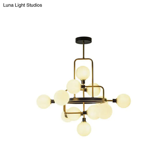 Modern Glass 3D Atomic Chandelier: 12-Bulb Black And Brass Suspension Light Fixture White