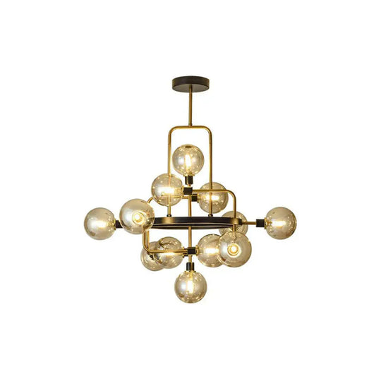 Modern Black And Brass Glass 3D Atomic Chandelier: 12-Bulb Suspension Light Amber