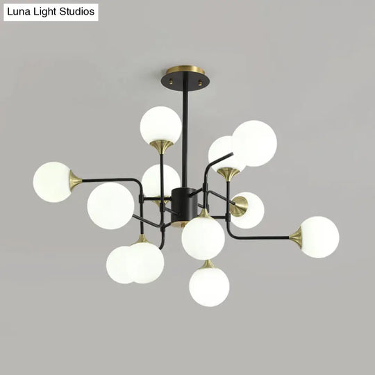 Modern Black And Gold Branch Hanging Lamp With Milky Ball Glass Chandelier Light Fixture -