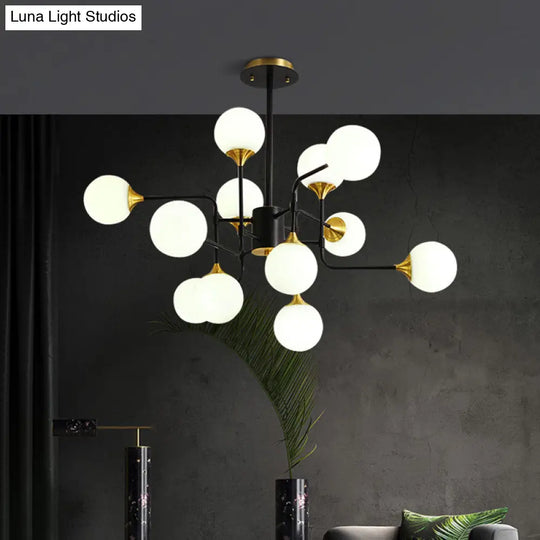 Modern Black And Gold Branch Hanging Lamp 8/12/16-Light Milky Ball Glass Chandelier Fixture