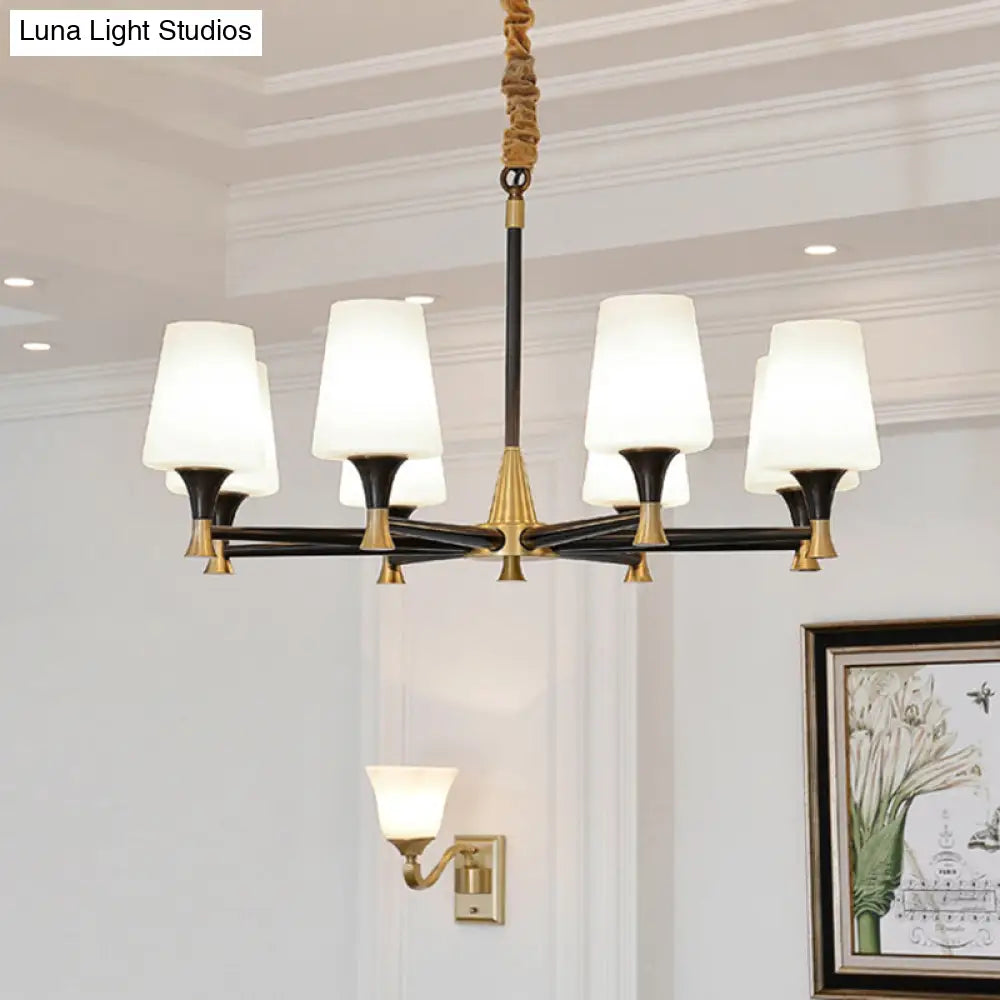 Modern Black And Gold Chandelier: Conic Bedroom Ceiling Light With Fabric/White Glass 6/8-Light