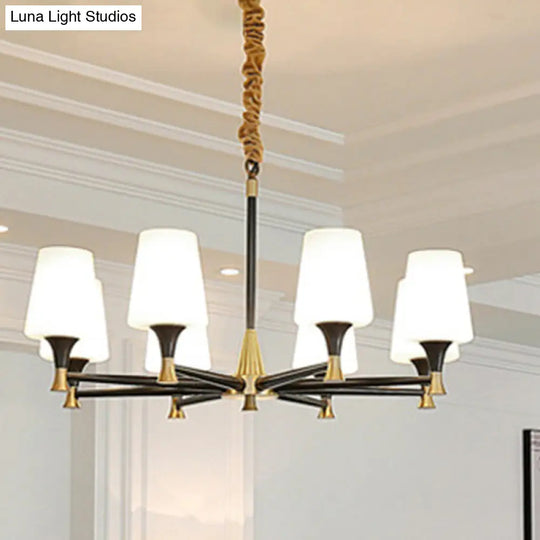 Modern Black And Gold Chandelier: Conic Bedroom Ceiling Light With Fabric/White Glass 6/8-Light