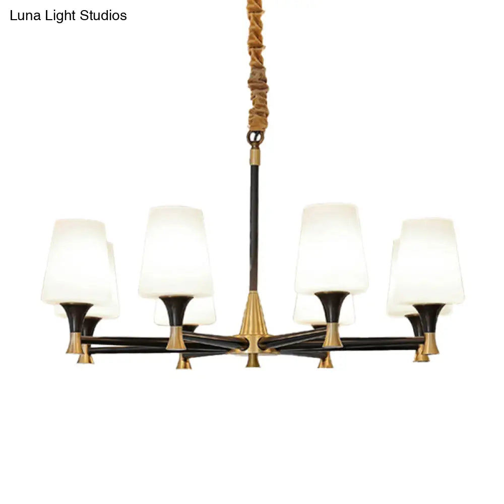 Modern Black And Gold Chandelier: Conic Bedroom Ceiling Light With Fabric/White Glass 6/8-Light