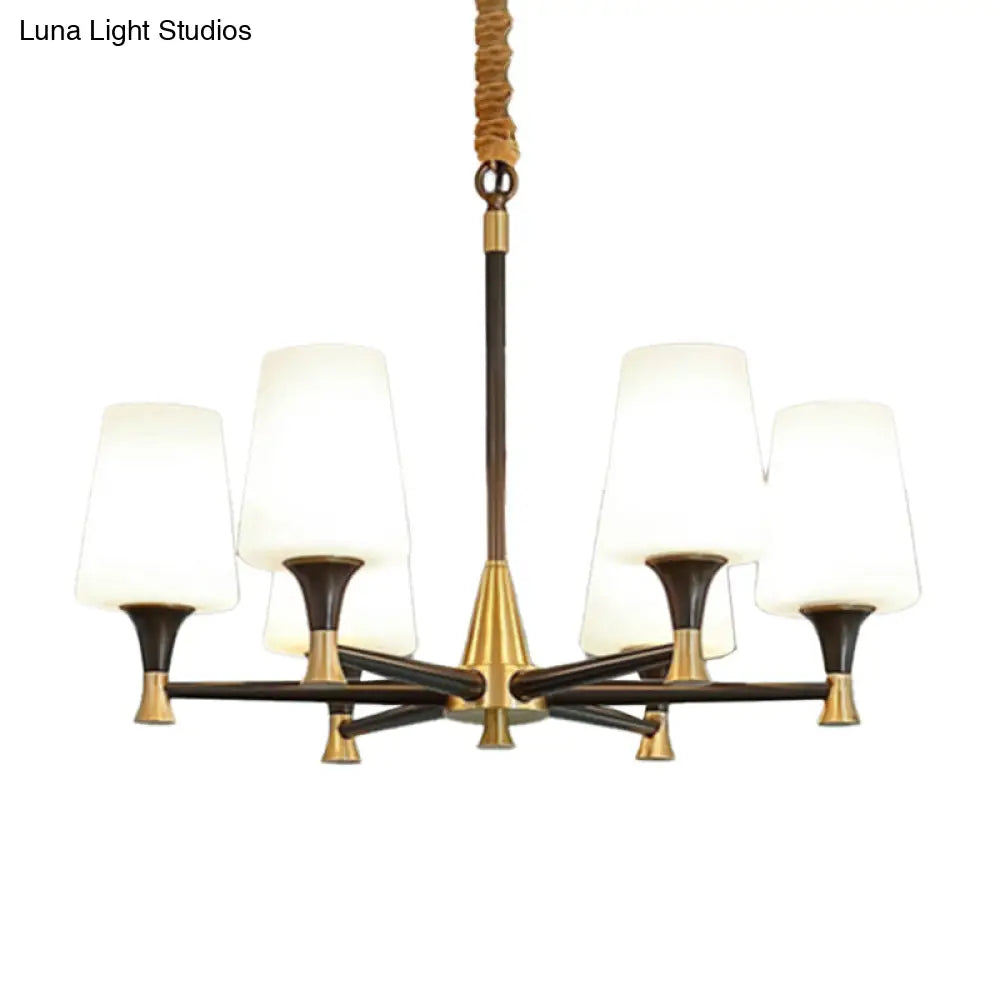 Modern Black And Gold Chandelier: Conic Bedroom Ceiling Light With Fabric/White Glass 6/8-Light