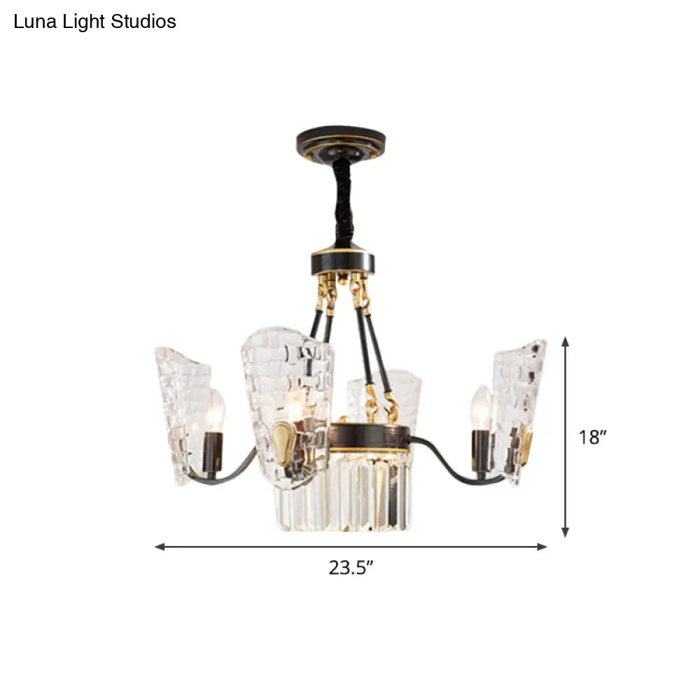 Modern Black And Gold Chandelier With Clear Crystal Shade - 4 Bulb Dining Room Pendulum Light