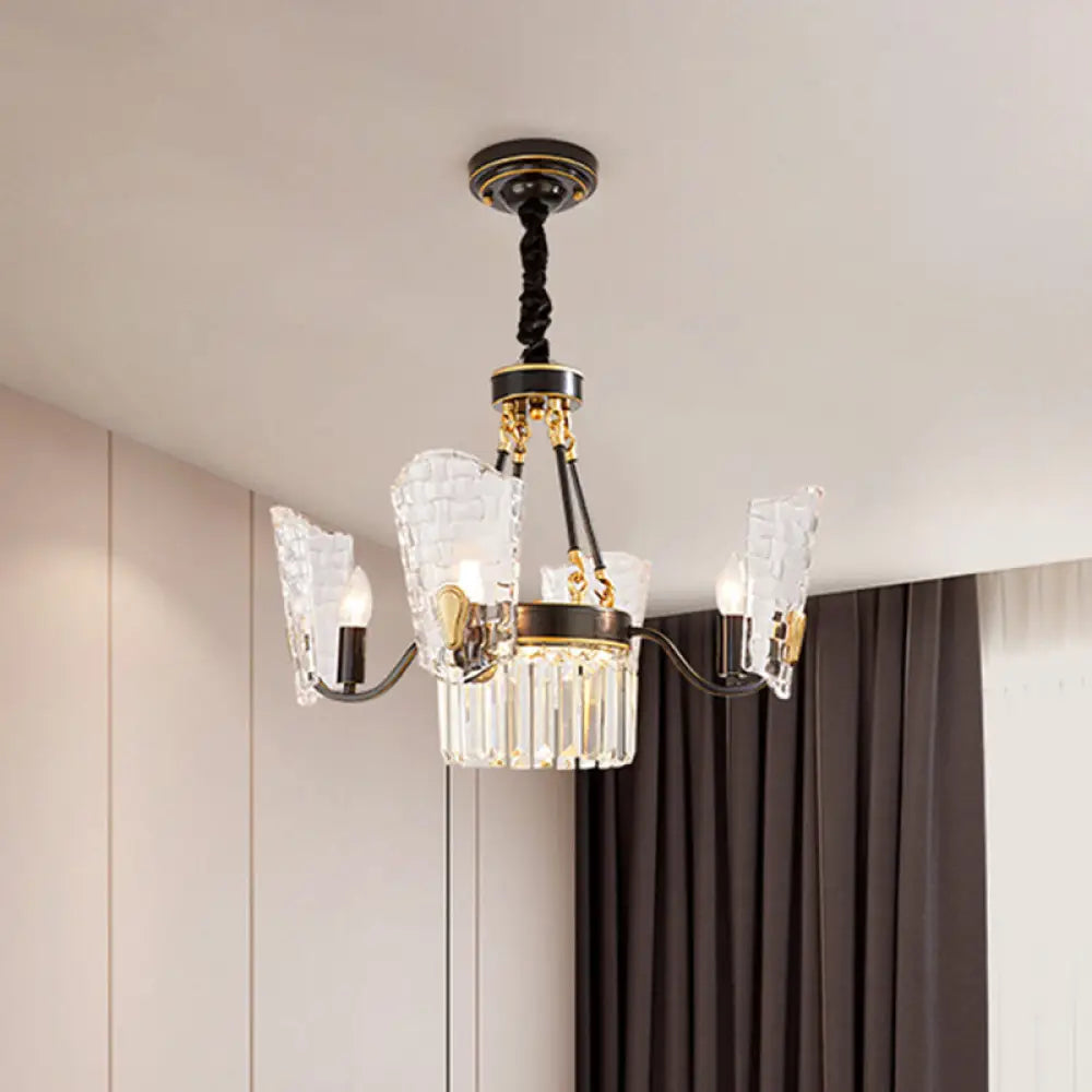 Modern Black And Gold Chandelier With Clear Crystal Shade - 4 Bulb Dining Room Pendulum Light