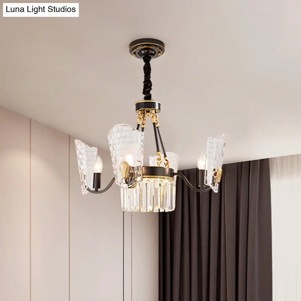 Modern Black & Gold 4-Bulb Pendulum Chandelier With Clear Crystal Shade For Dining Room