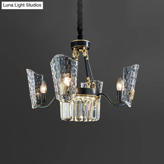 Modern Black And Gold Chandelier With Clear Crystal Shade - 4 Bulb Dining Room Pendulum Light