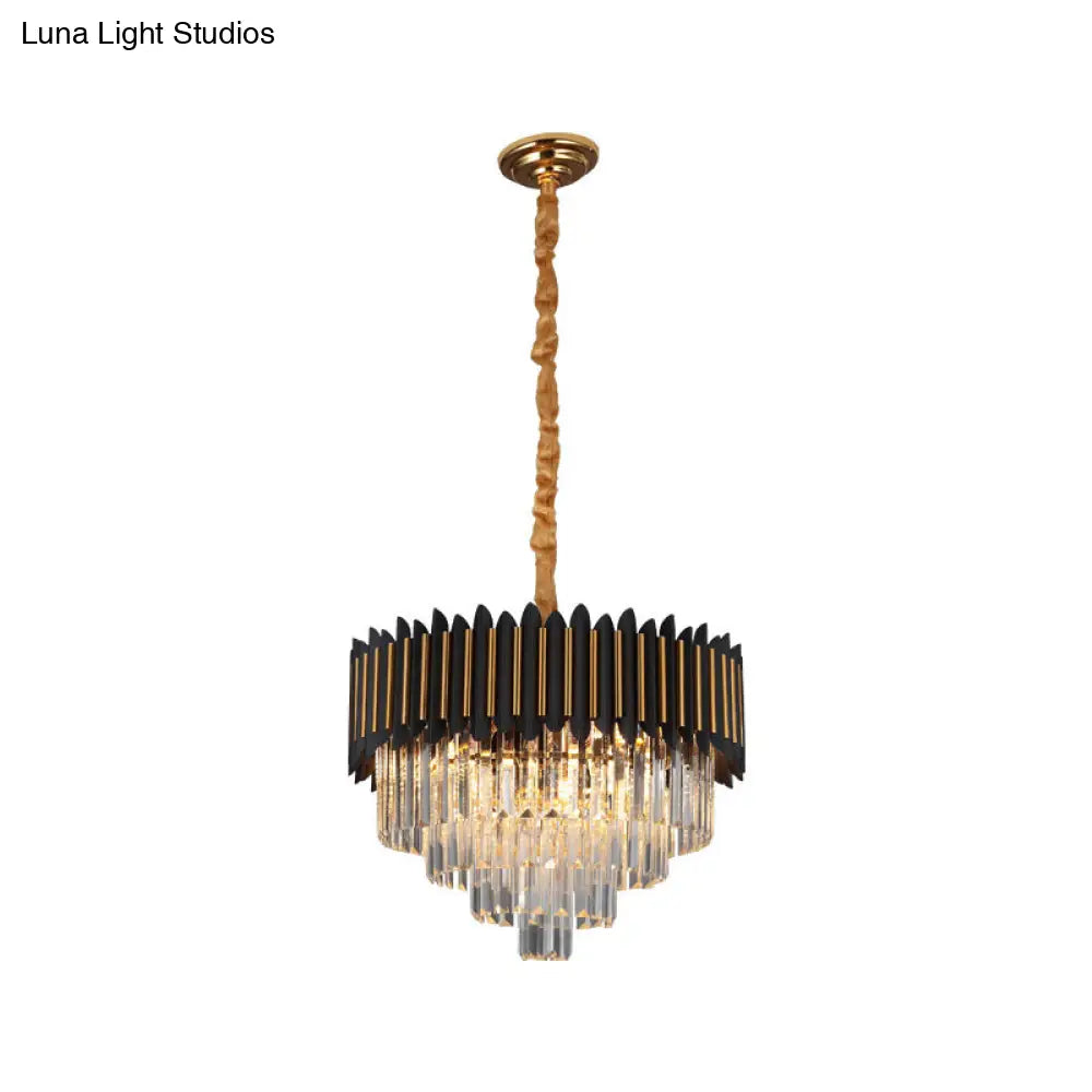 Modern 6/12-Bulb Hanging Chandelier: Black & Gold Pendant Light With Crystal Block Shade