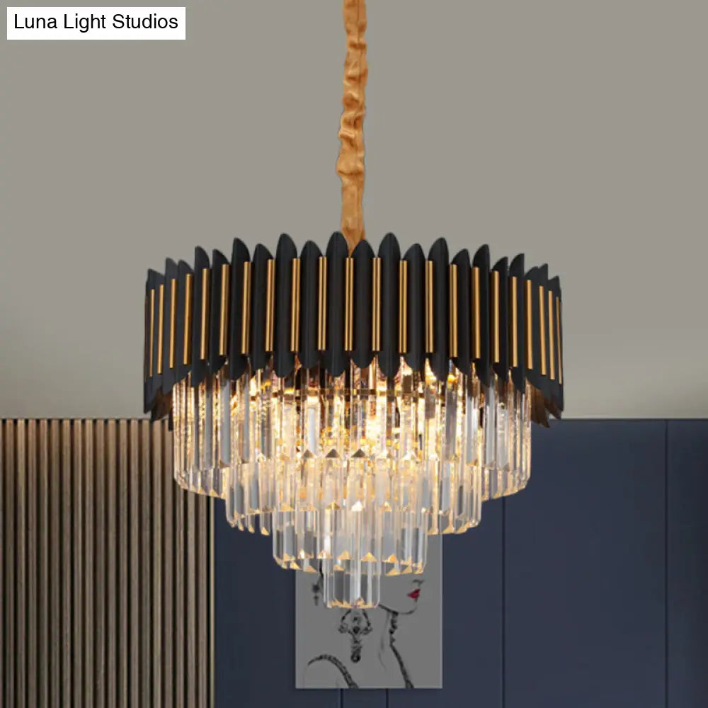 Modern Black And Gold Conic Pendant Chandelier With Crystal Block Shade - Simplicity 6/12-Bulb