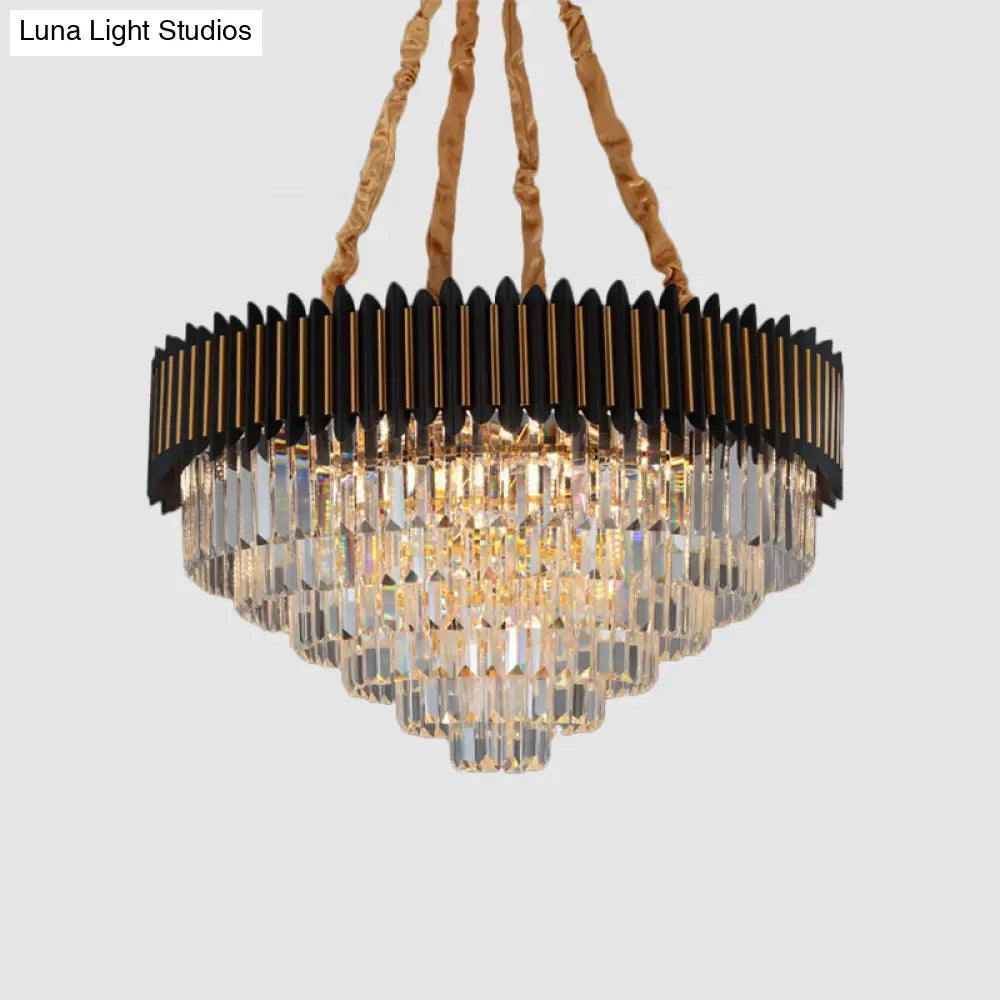 Modern Black And Gold Conic Pendant Chandelier With Crystal Block Shade - Simplicity 6/12-Bulb