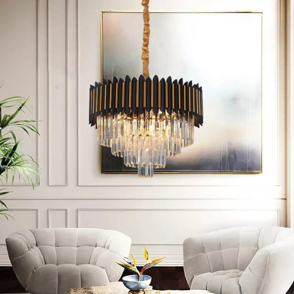 Modern Black And Gold Conic Pendant Chandelier With Crystal Block Shade - Simplicity 6/12-Bulb