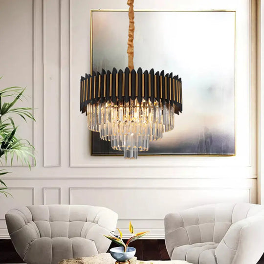 Modern Black And Gold Conic Pendant Chandelier With Crystal Block Shade - Simplicity 6/12-Bulb