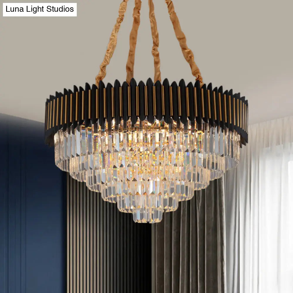 Modern 6/12-Bulb Hanging Chandelier: Black & Gold Pendant Light With Crystal Block Shade