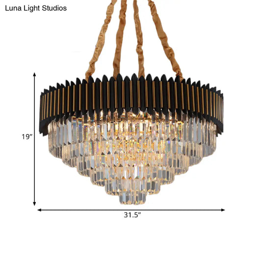 Modern Black And Gold Conic Pendant Chandelier With Crystal Block Shade - Simplicity 6/12-Bulb