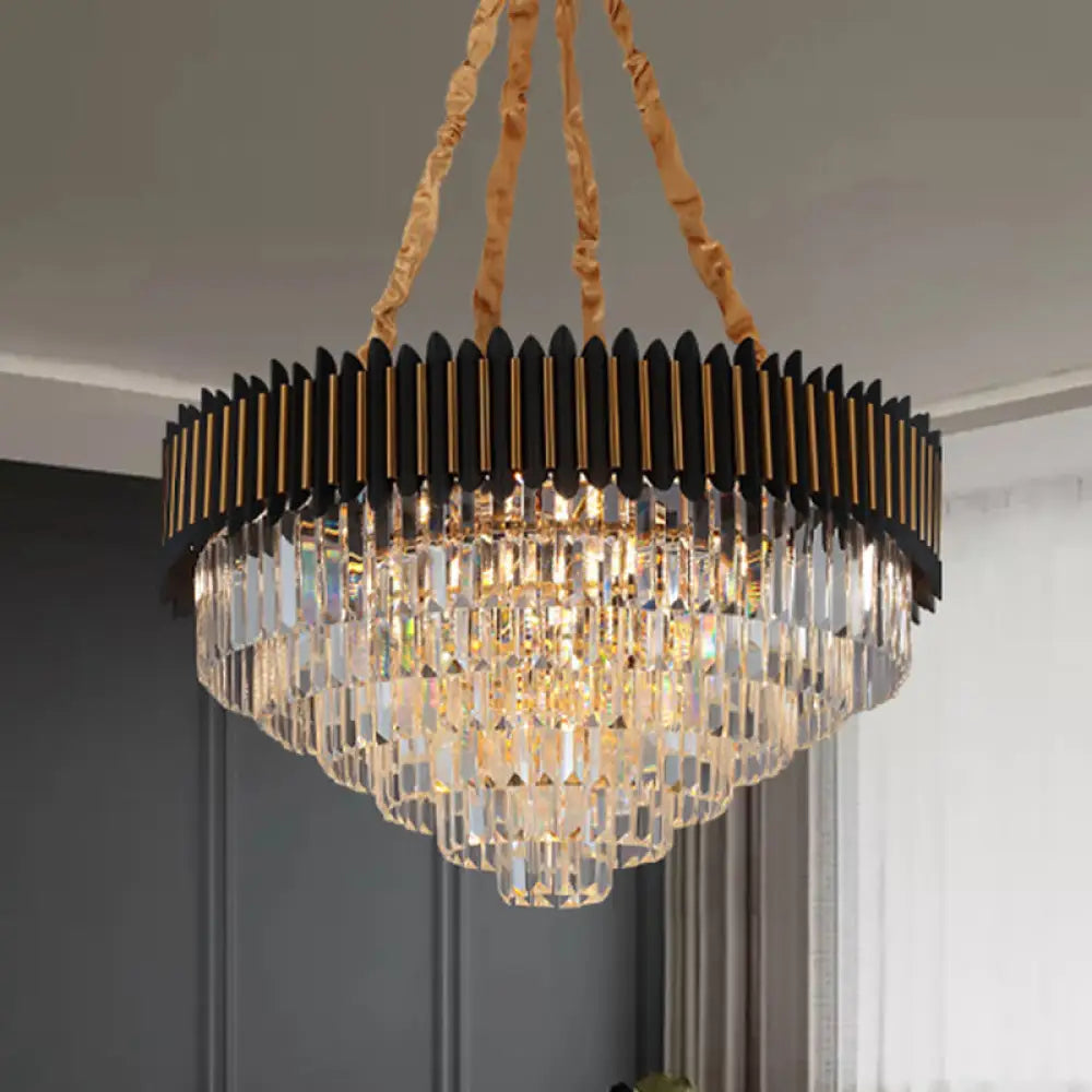 Modern Black And Gold Conic Pendant Chandelier With Crystal Block Shade - Simplicity 6/12-Bulb