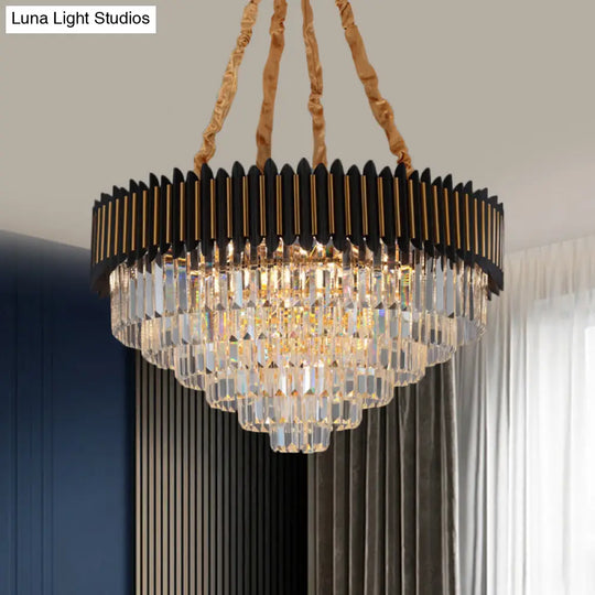 Modern Black And Gold Conic Pendant Chandelier With Crystal Block Shade - Simplicity 6/12-Bulb