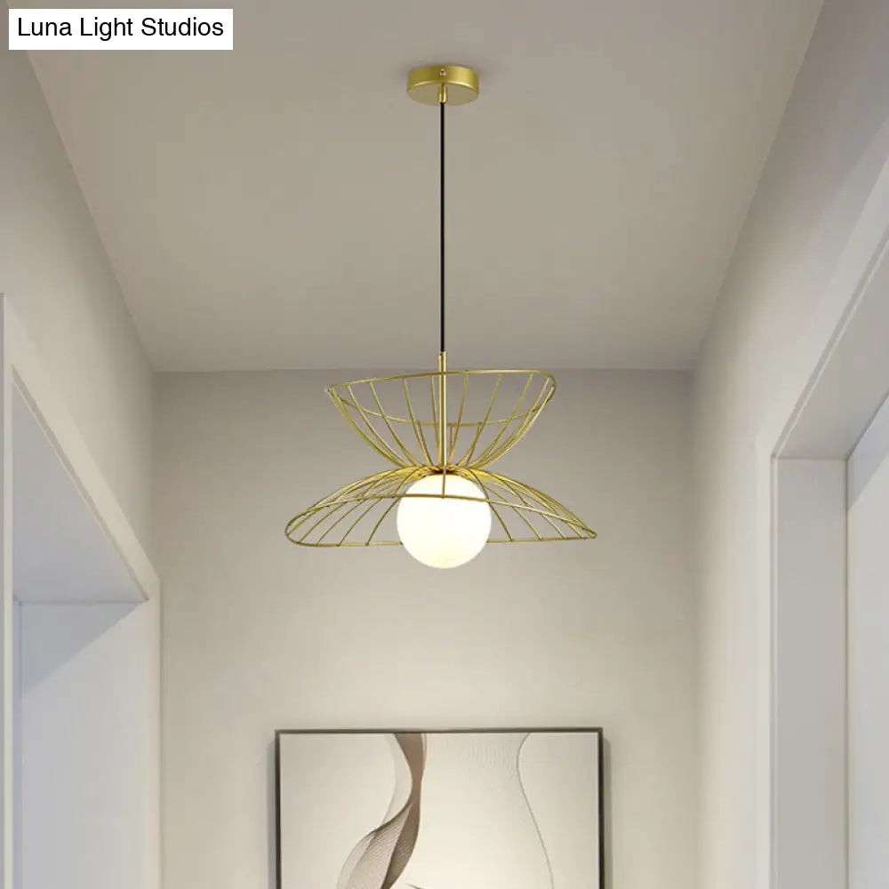 Modern Black And Gold Double-Flared Pendulum Ceiling Lamp With Opal Glass Ball