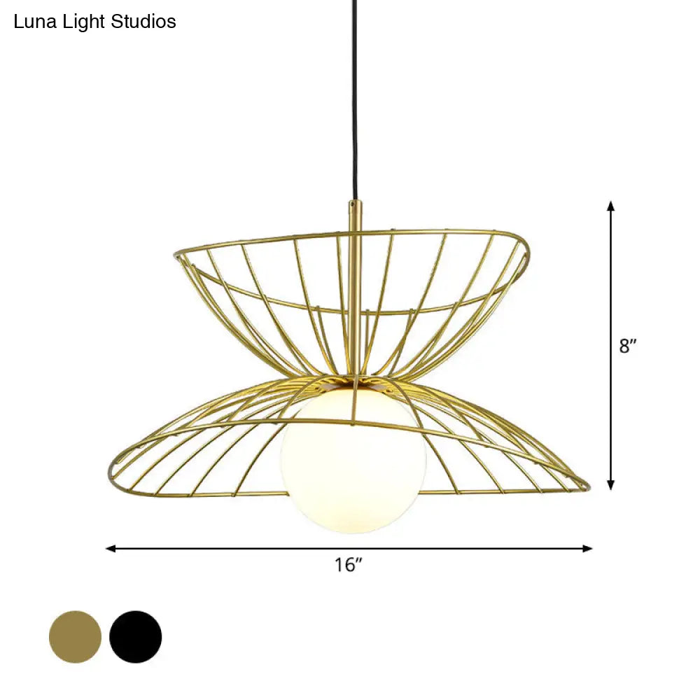 Modern Black And Gold Double-Flared Pendulum Ceiling Lamp With Opal Glass Ball