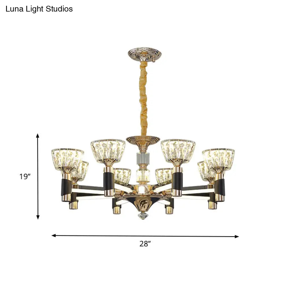 Black And Gold Rectangle Crystal Led Chandelier With 6/8 Bowl-Shaped Suspension Lights