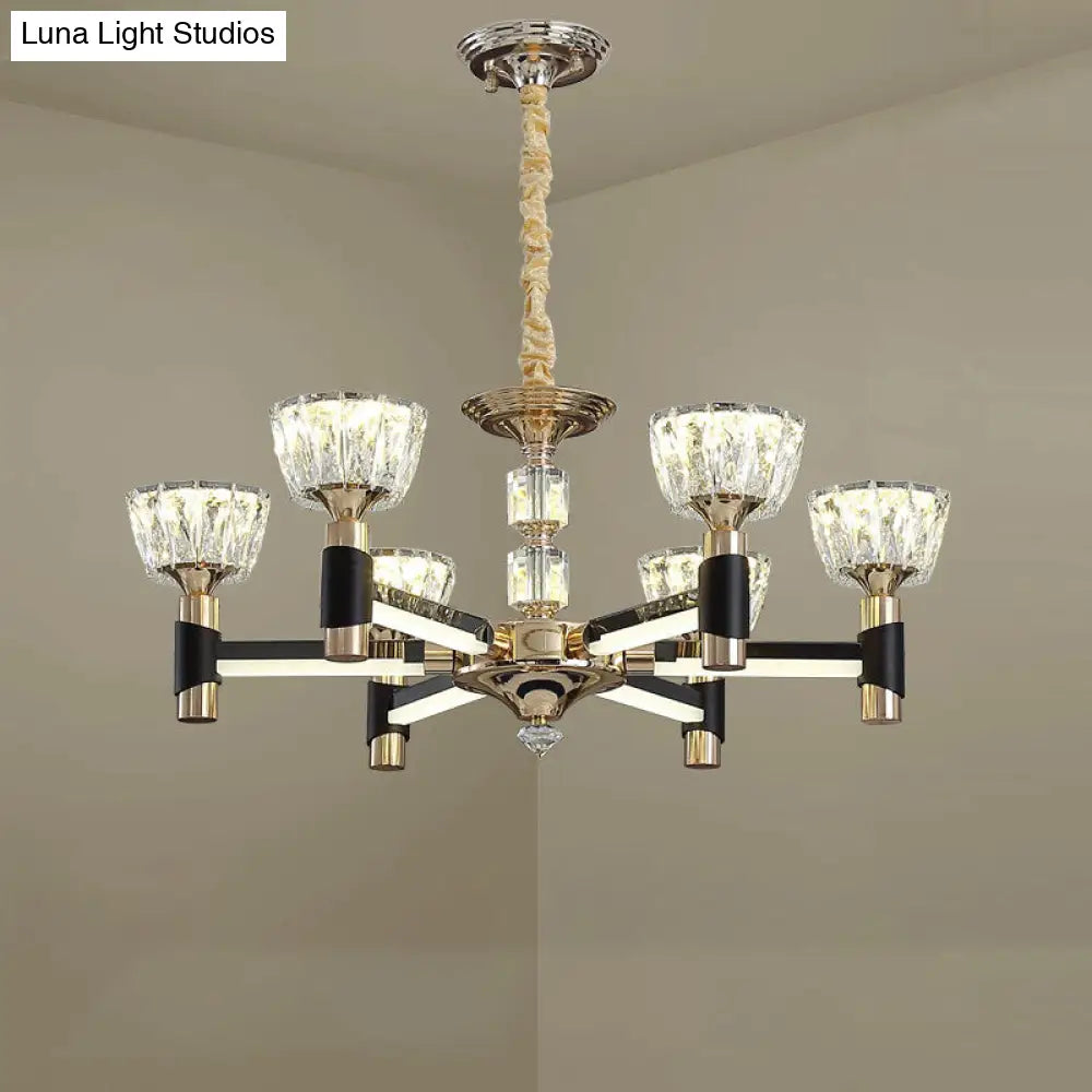 Black And Gold Rectangle Crystal Led Chandelier With 6/8 Bowl-Shaped Suspension Lights